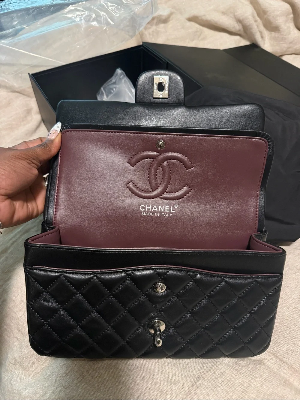 Classic Quilted Caviar Leather Double Flap Bag in Black (Medium size)